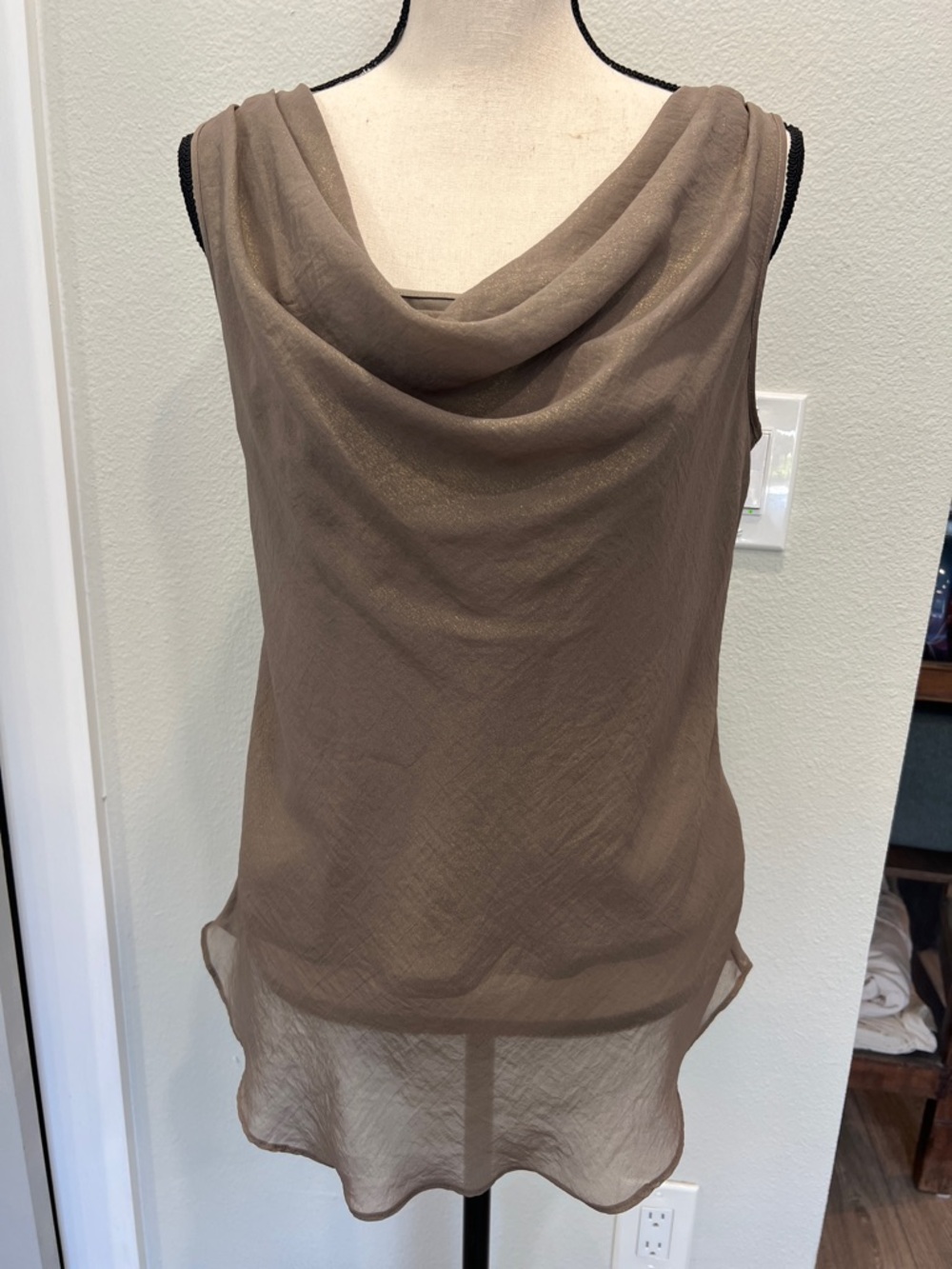 Willi Smith Taupe Sheer Cowl-Neck Sleeveless Top